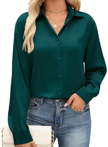 PASUDA Camicia Donna Elegante in Raso Camicetta con Bottoni Casual Maniche Lunghe Blusa Scollo a V Camicette Affari da Lavoro Tops Leggero Traspirante Shirts Moda Ampia Magliette(Verde Scuro,XL)