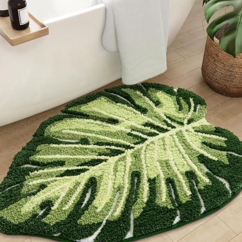 Calkkrer Grün Badematte, Duschmatte, Monstera Blatt Badezimmer Teppich, Tropische Pflanze Form Bodenmatte, Waschbar rutschfest WC Vorleger, Toilette Teppich 50 X 80 cm