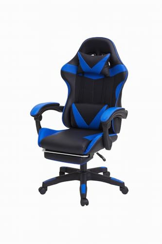 Generico Sedia Gaming Ergonomica con Poggiapiedi Estraibile, Cuscino Lombare e Poggiatesta – Poltrona da Ufficio e Gaming in Ecopelle, Schienale Reclinabile 135°, Altezza Regolabile (Nero/Blu)