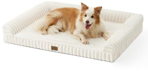 COZY KISS Orthopädisches Hundebett für Extra Große Hunde 110x80x17cm – Hundesofa mit Weichem Kunstfell & Cordbezug, Eierförmiger Kistenschaum, Ergonomischer Hundekorb, Abnehmbar & Waschbar, Creme, XL