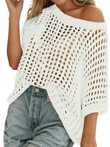 LIUYUYOUGO Maglia Donna Elegante Top all'Uncinetto da Donna Maglione Lavorato A Maglia A Maniche Corte con Spalle Scoperte Pullover Oversize Traforato Copricostume Estivo Leggero da Spiaggia Maglion