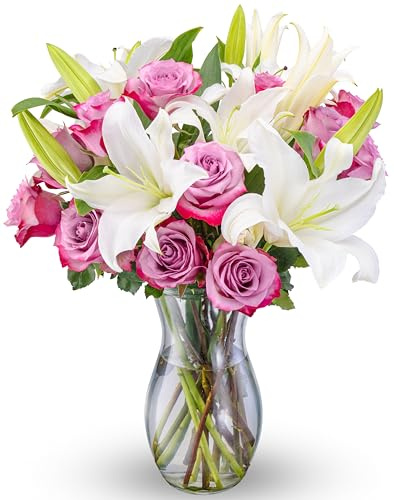 Benchmark Bouquets Oriental Lily & Purple Rose Bouquet – Real Fresh Flowers for Delivery – Mothers Day Gifts for Mom – Long Stem Roses with Fragrant Lilies – Purple Flowers – Glass Vase Included