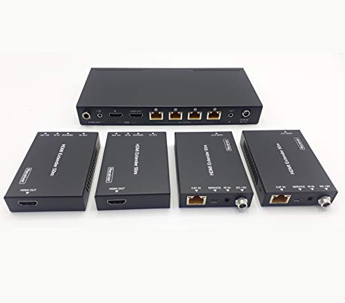 FOURKAY 1x4 4K60Hz HDMI Splitter Extender over Cat6/7 Ethernet with 4 PoC receivers. HDMI Loop Out and Audio Extraction on TX. Send 4K up to 35m / 1080p to 60m. Remote Control source from Receivers