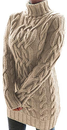 Turtle Neck Long Jumpers Dresses For Women Oversized Cable Knit Jumper Dress Women Ladies Knitted Jumpers Womens High Neck Sweater For Women Pullover Sweaters Pullovers Thick Fitted Plain Khaki M