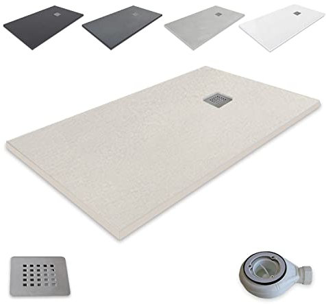 Plato de Ducha Resina Extraplano outletaseo – Todas las medidas disponibles - Antideslizante Textura Pizarra - Incluye Válvula desagüe+Rejilla (140x80, Beige RAL 1172)