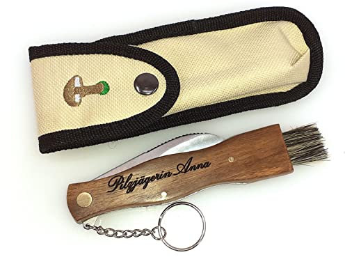 Herbertz Pilzmesser Rosenholz mit Bürste und Etui, Messer mit Gravur, Geschenk für Pilzsammler