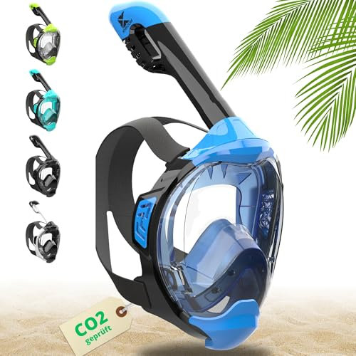 Khroom Schnorchelmaske Erwachsene & Kinder ab 3 Jahre | CO2 sicher | Vollgesichtsmaske mit Easy-Breath System | Schnorchelset Alternative | Seaview Y Tauchmaske Erwachsene/Kinder (S/M Blau)