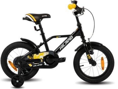 HILAND 14 Zoll Kinderfahrrad für Jungen 3 4 5 Jahre mit Stützrädern, Handbremse und Rücktrittbremse Schwarz/Orange