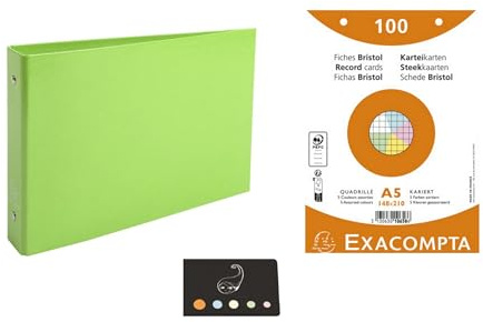 Set di 1 raccoglitore per spine + 100 spine Bristol A5 a quadretti perforati colori assortiti + 1 indice adesivo Blumie (verde mela)