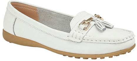 Ladies Loafers Flats Wide Leather Tassle Cushioned Casual Slip On Womens Nautical Boat Comfort Shoes (White, UK Footwear Size System, Adult, Women, Numeric, Wide, 6)