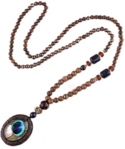 Teegxddy Collier Homme et Femmes,Collier Perle Homme,Collier de Perles en Bois,Collier Long Pendentif Style Ethnique,Collier de Perles en Bois Pendentif Bodhi avec Pendentif Plume(B)