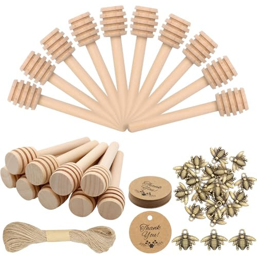 Scettar Set di Miele Bastoncini Legno, 20 Pz 8cm Spargi Miele, 20 Pz di Ciondolo in Lega di Api, 20 Cartoncini Kraft Vuoti, 20 m di Corda Intrecciata di Iuta, per Bomboniere Compleanno Matrimonio