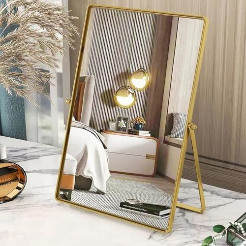 Gosider Miroir de courtoisie rectangulaire doré avec Cadre en métal - Miroir de Table vanité Portable à 90° - Miroir de Maquillage Haute résolution d'un côté pour Commode, Salon, Chambre à Coucher,
