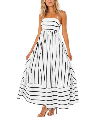chouyatou Women's Striped Back Smocked Maxi Dress Sexy Spaghetti Strap Cut Out Flowy Swing Long Dress (X-Small, Black White)