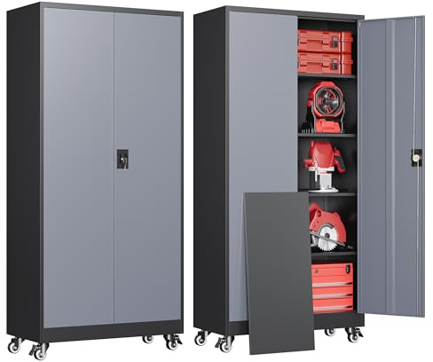 AFAIF Metal Garage Cabinets with Wheels, Heavy Duty Rolling Storage Cabinet with Lock, Storage Caninet with 2 Doors and 4 Shelves, Tall Tool Cabnet on Wheels for Workshop/Home/Office-(Black Gray 75”H)