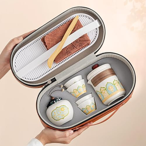 Service à thé de voyage portable, service à thé Kung Fu en plein air, cadeau d'affaires chinois, coffret cadeau orange + tasse à thé blanche, 30 × 18 × 15 cm.