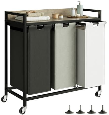 Herture Paniers à linge avec étagère, panier à linge à 3 sections, trieur à linge avec grands sacs amovibles 3 couleurs et roues mobiles, cadre en métal, 3 x 15,87 gallons (60 L), gris PF04XLZ