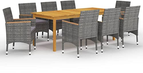 9-TLG. Gruppo da giardino grigio in legno di acacia massiccio con sedie in rattan PE e cuscini imbottiti per mobili da giardino **Titolo ottimizzato per Amazon:** 9-TLG.
