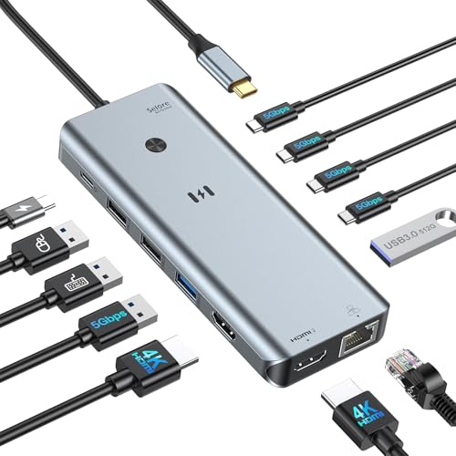 Selore Laptop dockningsstation, dubbel skärm, USB C-hubb med 2 HDMI, RJ45 Ethernet, 5 Gbps USB C/A, 100 W PD för Dell/HP/Lenovo