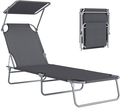 Outsunny Lettino Prendisole da Giardino Pieghevole con Tettuccio Schienale Regolabile, Sdraio da Giardino in Tessuto Oxford e Metallo, per Spiaggia, Piscina, 187x58x36 cm, Grigio