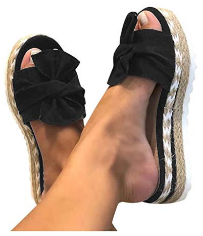 Sandales Plates Femme Bout Ouvert Été Claquettes Nu Pieds Semelle Compensée Confortable Antidérapant de Plage Slipper Bohemia Beach (Noir, 38)