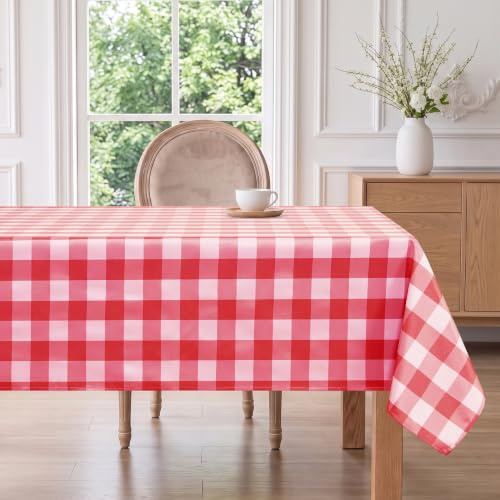 Hiasan Gingham fläckbeständig rektangulär bordsduk, vattentät trädgårdsduk, för matsal, trädgård, fest, picknick, födelsedag, bröllop eller hem, 140 x 280 cm, röd och vit
