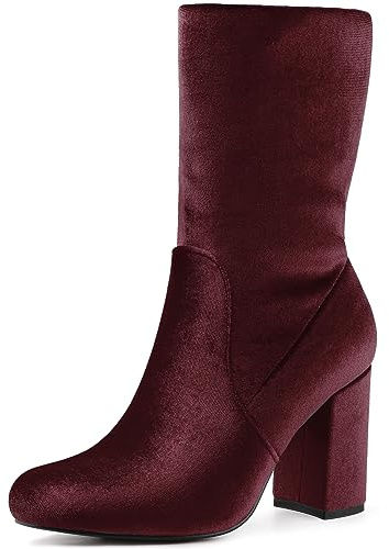 Allegra K Women's Velvet Sock Boot Round Toe Block Heels Foldable Burgundy Mid Calf Boots - 7 m US