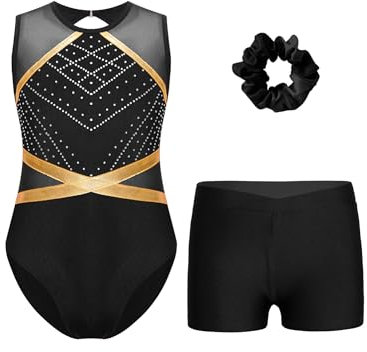 iEFiEL Mädchen Turnanzug Glitzer Strass Gymnastikanzug Tanzbekleidung Set mit Haarband Glänzende Leotard und Shorts Gymnastik Outfits Schwarz 122-128