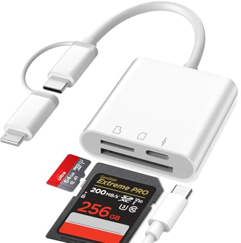 Vecbmn Adattatore Scheda SD per iPhone iPad, Adattatore per Schede di Memoria da SD a Lightning, 3 in 1 Lettore Schede SD, Ricarica e Lettura Simultanea Delle Schede, Plug and Play