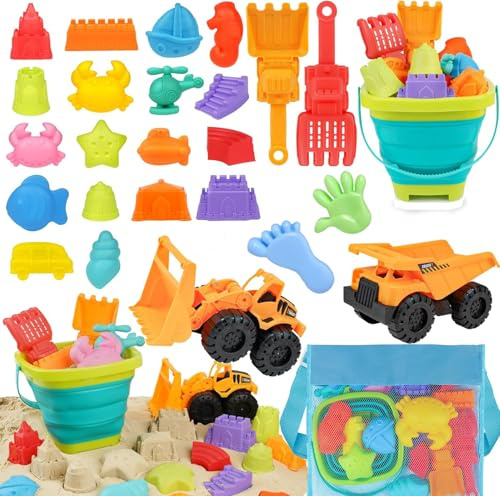 Beach Sand Toys Set, 26 Pieces, Construction Vehicles with Collapsible Bucket, Mesh Storage Bag