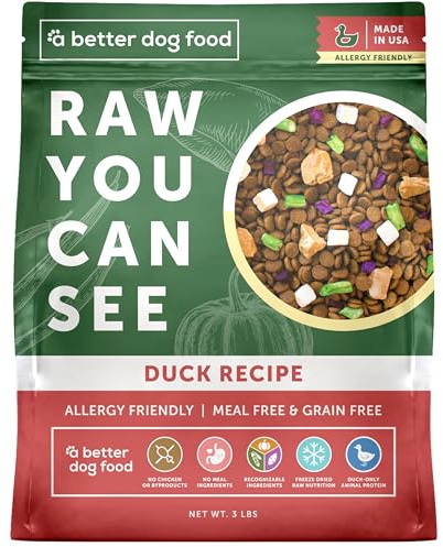 A Better Treat | Allergy Friendly Duck Dry Dog Food | Raw You Can See | No Chicken, Duck Only Animal Protein, No Meal Ingredients, Grain Free | Stomach Soothing Kibble + Freeze Dried Raw Dog Food