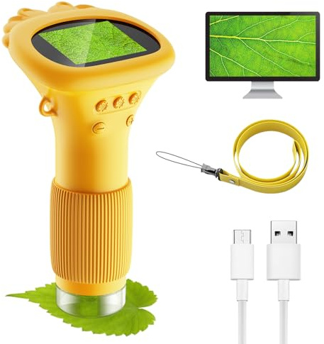 Microscopio portátil para niños, minicámara con Zoom de 1000x, Pantalla per IPS de 2.0, Luces LED USB, se Conecta a PC, fácil de Usar, para Exteriores a Partir de 3 años (Naranja)