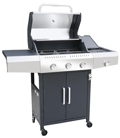 BRICOZONE Barbecue A Gas Professionale XXL 4 Bruciatori Con Bruciatore Laterale 16 Kw Coperchio Doppio Termometro Ruote Piani Laterali Scaldavivande E Griglia In Acciaio Inox (4 Fuochi)