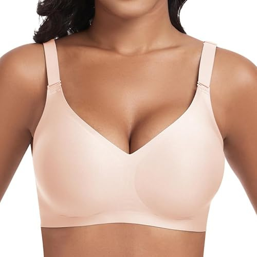 Cavotor Women Seamless Bra Non Wired Push Up Support Bras for Saggy Breasts Wireless T Shirt Soft Comfort Ladies V Neck Padded Bralettes with Extender (Beige,3XL)