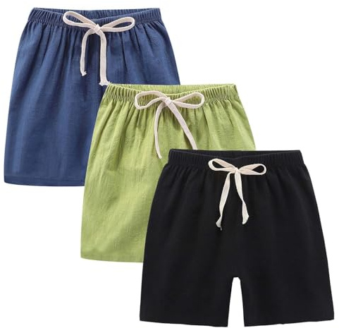 3 Pack Kids Cotton Linen Shorts for Boys Drawstring Elastic Waist Short Trousers Toddler Summer Beach Casual Lightweight Shorts Straight Wide Leg Joggers Solid Athletic Pants (Sky Blue-d, 11-12 Years)