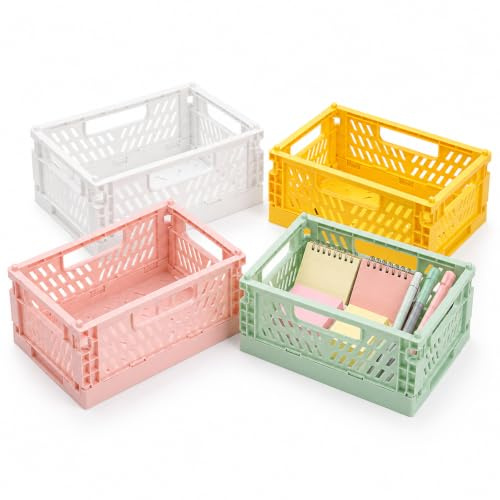 4 Pcs Collapsible Storage Boxes, Stackable Space-Saving Foldable Crates | Folding Baskets with Collapsible Crate Box Design for Office, Kitchen, Bathroom, Cupboard, Classroom, Bedroom Organiser
