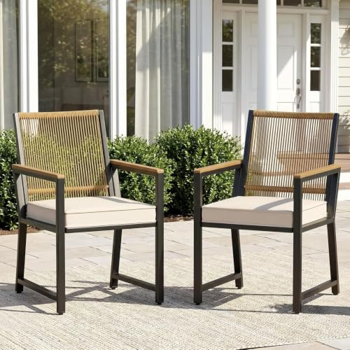 LIFERUN Chaises de Jardin en rotin, 2PC Fauteuil Jardin Exterieur, Beige | Chaise de terrasse, Dossier en Corde Tressée, métal, coussins amovibles 7cm, Supporte 160 kg, pour jardin, balcon ou piscine