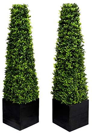 2x Artificial Boxwood Pyramid Trees in Black Square Planters | Lifelike | Maintenance-Free | Perfect for Entrances, Doorways & Outdoor Decor | (3ft/90cm)