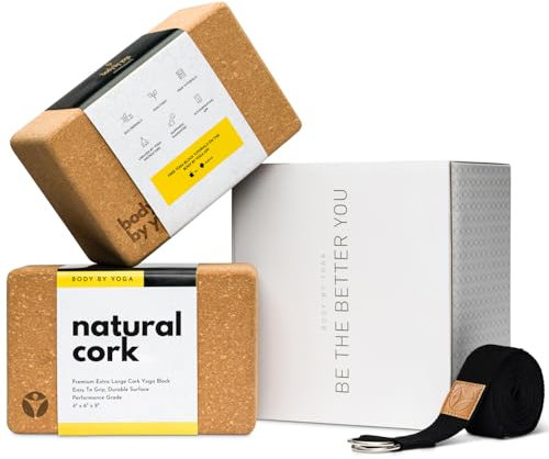 Luxuriöses Kork-Yoga-Block-Set, extra große Yoga-Blöcke mit leistungsfähigem natürlichem portugiesischem Kork, hohe Dichte, rutschfeste Unterstützung für sichereres Balancieren, 100% Baumwolle, extra