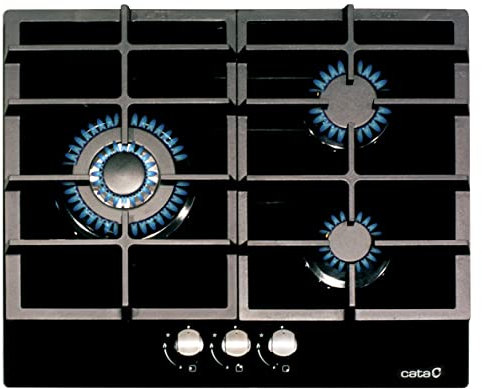 Cata Placa Cristal Gas LCIB 6021 BK Gas Butano 3 Quemadores Hierro Fundido Inyectores y Válvulas Incluidos Ancho de 59 cm Potencia 6,25kW Color Negro