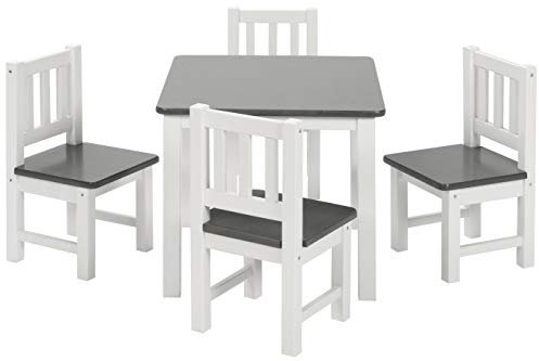 Bomi Kinderecke Wartezimmer | 4 Stühlchen Baby mit Tisch Amy aus FSC nachhaltiger Kiefer | Massiv Holz | Zeitlose Tischgruppe für das Kinderzimmer | Grau Weiß