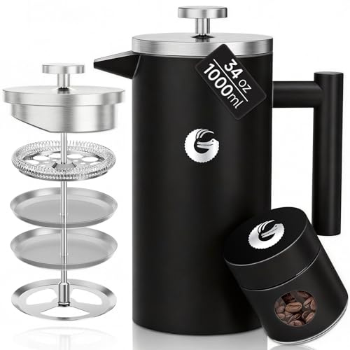 Coffee Gator Caffettiera Francese con contenitore per mini barattoli, caffettiera a stantuffo con doppia parete isolata e filtro in acciaio inossidabile, macchina per tè caldo e freddo, 1 litro