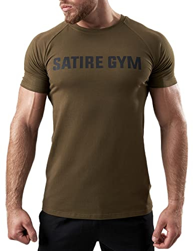 Satire Gym - T-shirt da fitness in cotone per uomo/abbigliamento sportivo aderente e ad asciugatura rapida per uomini – T-shirt sportiva da uomo come maglietta da palestra e fitness, Kaki, M