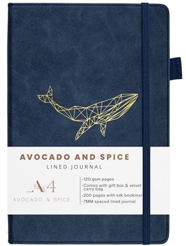 Anteckningsbok A4 linjerad dagbok av Avocado and Spice® med presentask och sammetspåse – anteckningsblock A4 inbunden – resedagbok A4 anteckningsbok fodrad – 200 tjocka sidor (blå, linjerad)