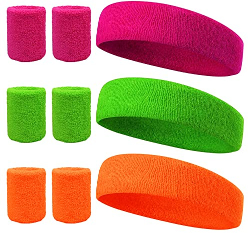 LAMEK 3 Piezas Conjunto de Banda para el Sudor Diadema Deportiva de Neón como Accesorio Disfraz de Salmonete de Retro de los Años 80 y 90 para Carnaval Correr, Ciclismo, Entrenar Gimnasio, Yoga