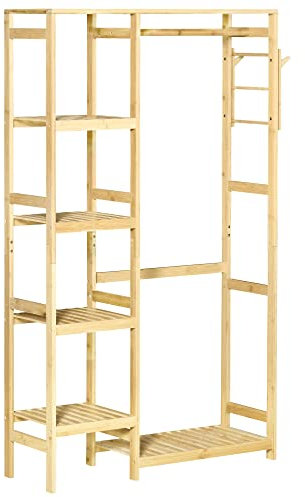 HOMCOM Bamboo Garment Rack, Clothes Rack with Storage Shelf, Hanging Rail and Side Hooks for Entryway, Bedroom, Bathroom and Office, Natural