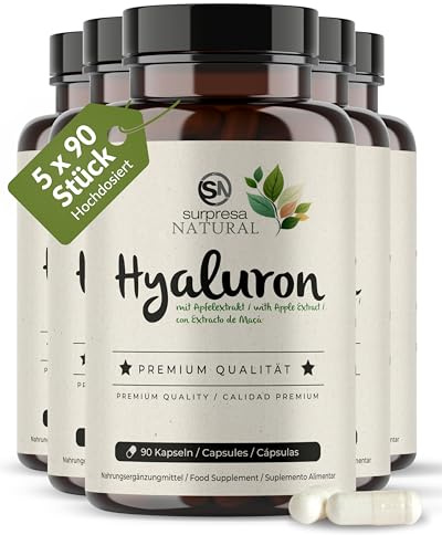 Surpresa Natural Hyaluronsäure Kapseln hochdosiert I 5x 90 Kapseln mit Apfel Extrakt I 500 mg Hyaluronsäure mit 500-700 kD pro Kapsel I Hyaluron Kapseln I vegan & laborgeprüft