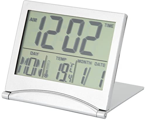 TOPINCN Digital Travel Alarm Clock, Foldable Calendar Temperature Timer LCD Clock with Snooze Mode, Compact Large Number Display, Battery Operated