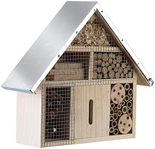 Royal Gardineer Luxus-Insektenhotel: Insektenhotel Maja aus Naturholz, vormontiert, Metalldach (Insektenüberwinterungshilfen, Insektennisthäuser, Insektenschutz)