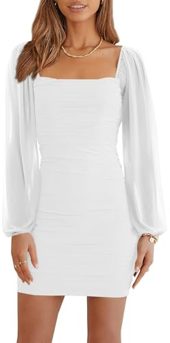 Ofenbuy Women's Mesh Long Sleeve Dress Square Neck Ruched Mini Bodycon Dress Stretch Party Cocktail Dresses White